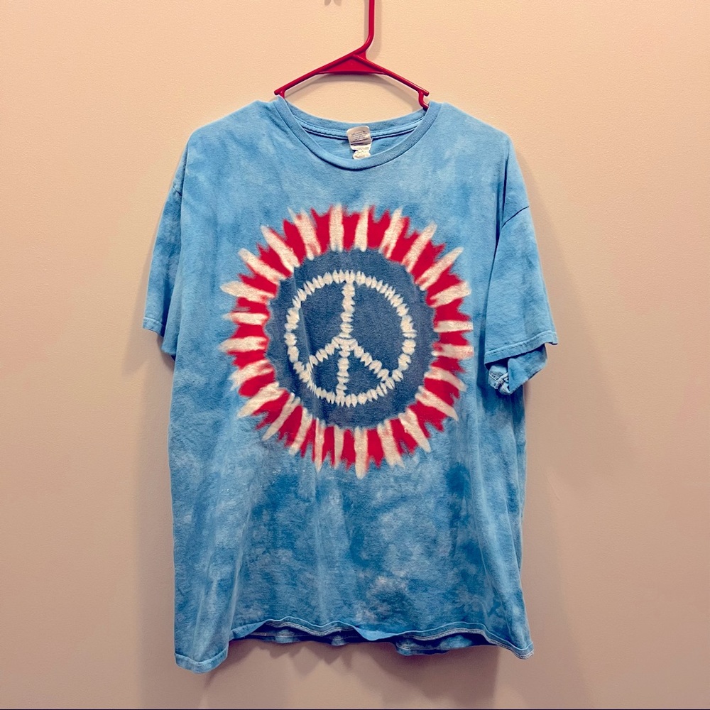 Red and Blue Tie Dye Peace Sign Top